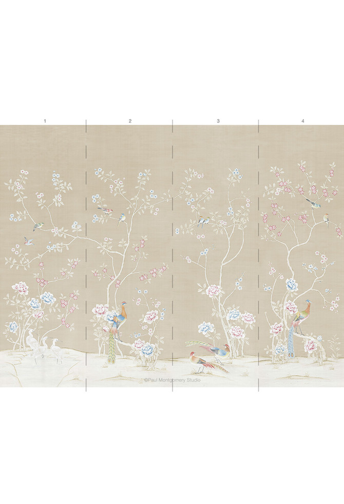 Maysong Pearl, printed mural wallpaper by Paul Montgomery. Panel layout.