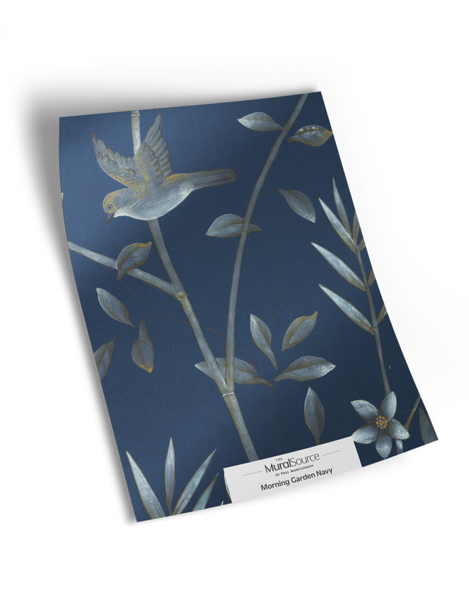 10" x 13" sample of Morning Garden Navy; navy blue chinoiserie