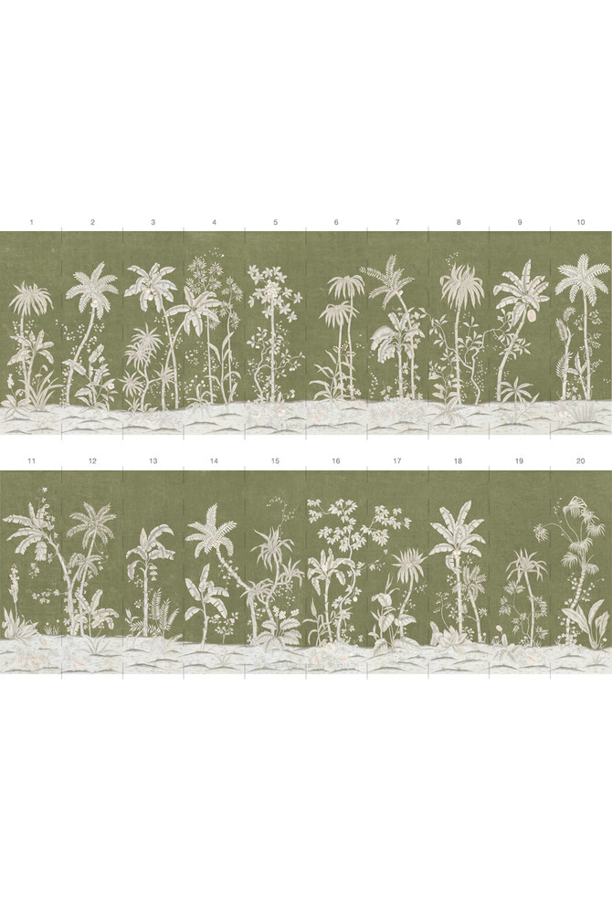 Mizner Beach, printed mural wallpaper by Ariel Okin for Paul Montgomery. Palm panel layout.