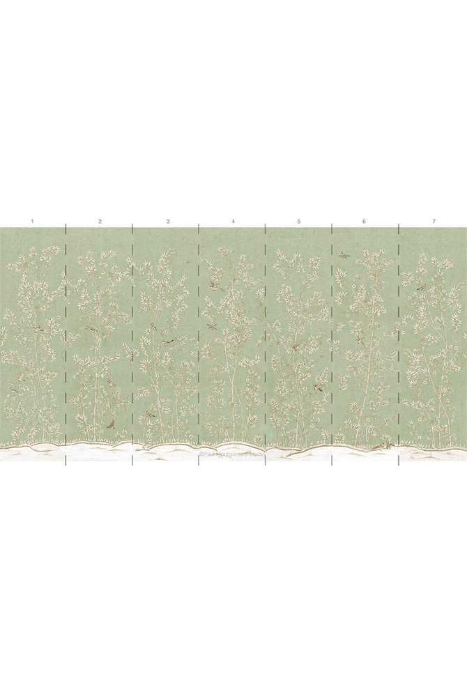 Morning Garden Tea Paper, printed mural wallpaper by Paul Montgomery. Sage panel layout.