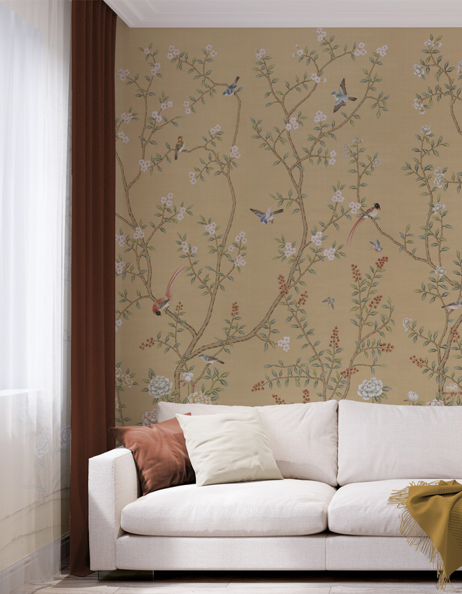 Nanjing Beige, printed mural wallpaper by Paul Montgomery. Beige chinoiserie in room.