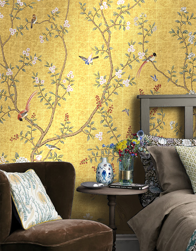 Nanjing Gold, printed mural wallpaper by Paul Montgomery. Gold chinoiserie in room.