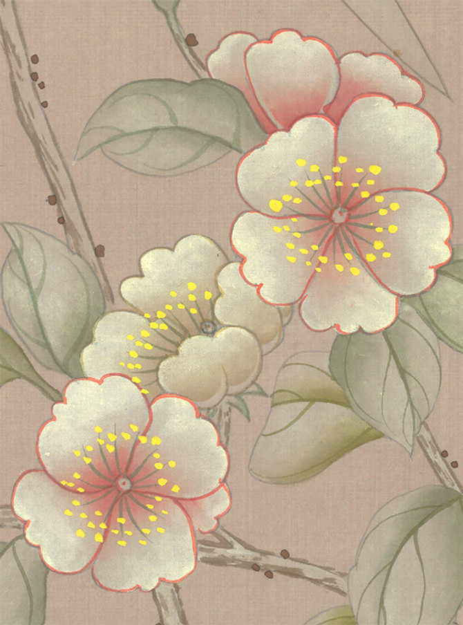 Palace Garden Beige, printed mural wallpaper by Paul Montgomery. Up-close detail shot.