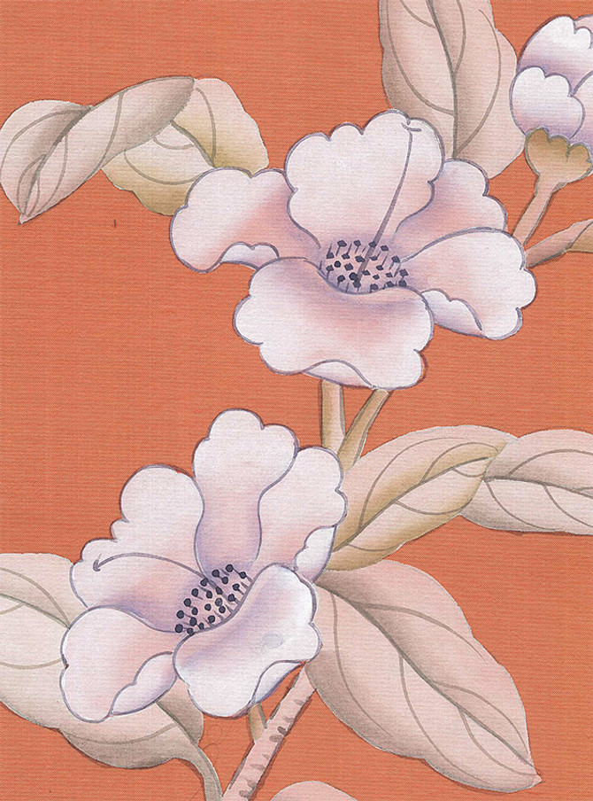 Palace Garden Orange, printed mural wallpaper by Paul Montgomery. Up-close detail shot.