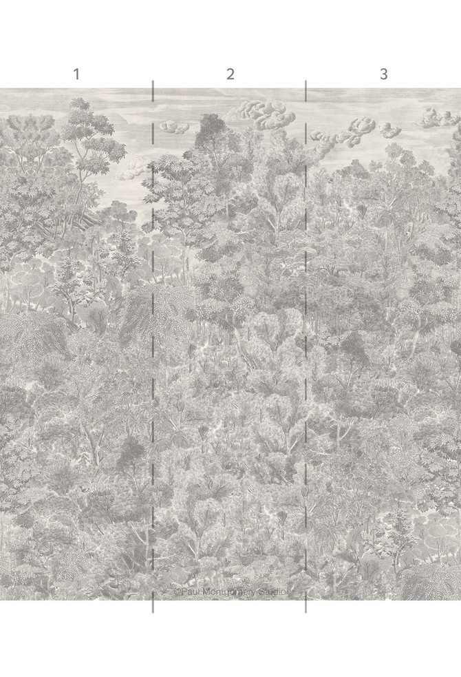 Palace Park, printed mural wallpaper by Paul Montgomery. Grisaille panel layout.