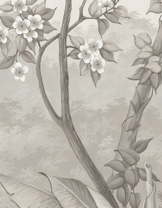 Palmera, printed mural wallpaper by Paul Montgomery. Grey detail shot.