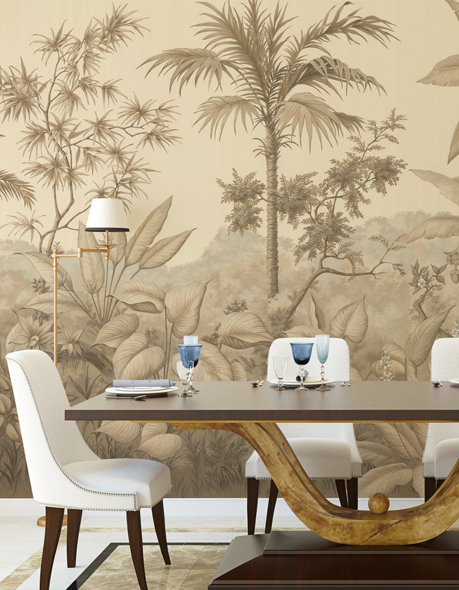 Palmera, printed mural wallpaper by Paul Montgomery. Sepia panoramic in room.