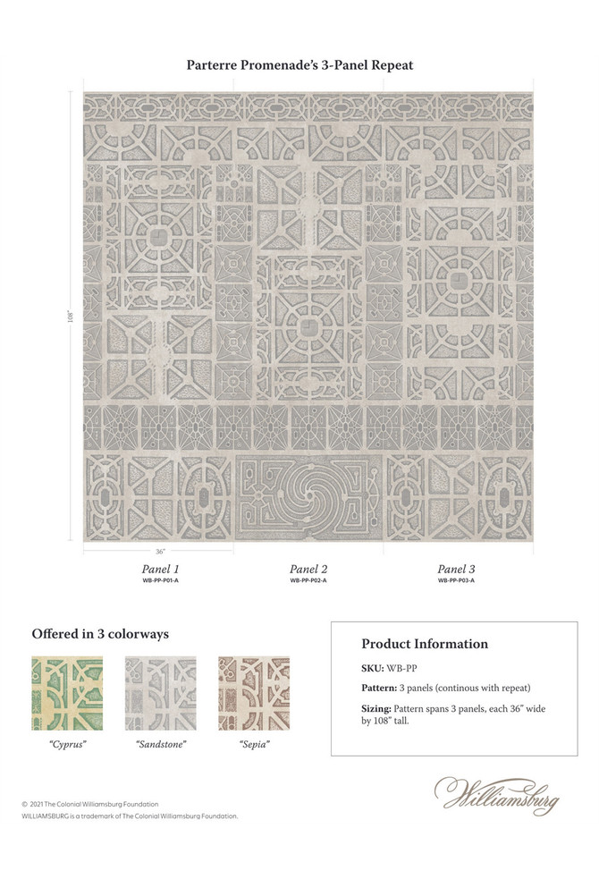 Parterre Promenade, printed mural wallpaper by Paul Montgomery. Panel layout.