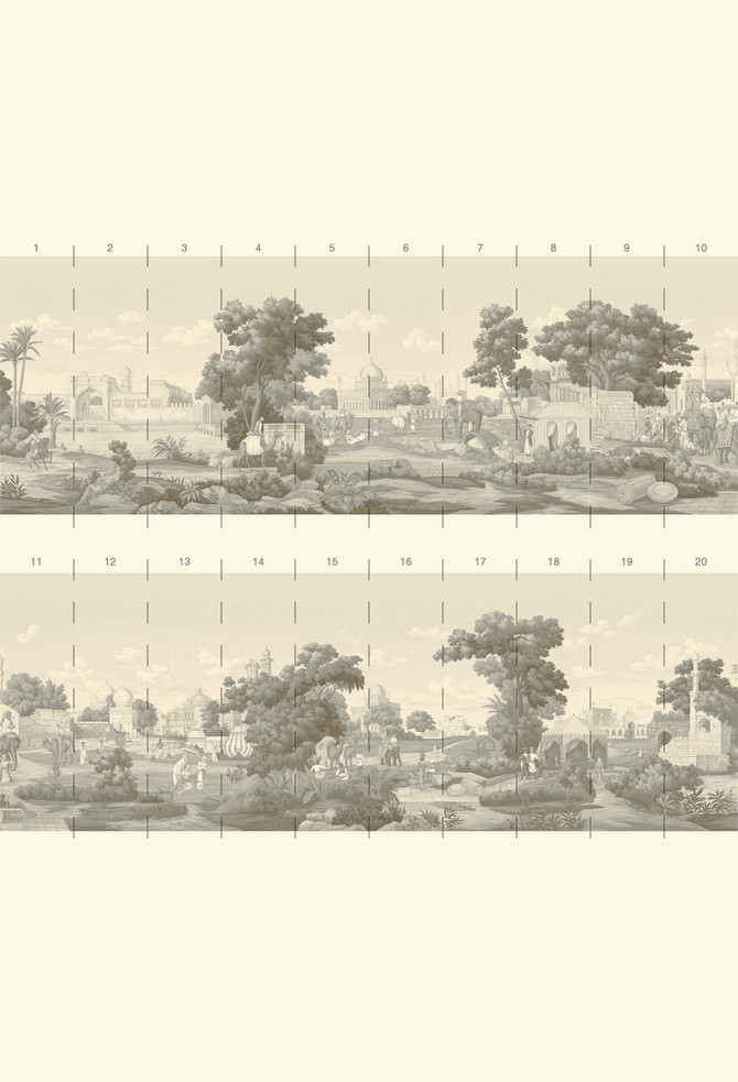 Passage to India, printed mural wallpaper by Paul Montgomery. Sepia panel layout.