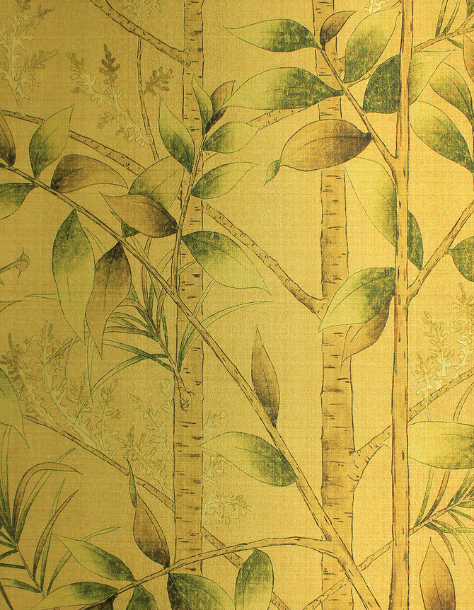 Quiet Forest Gold, printed mural wallpaper by Paul Montgomery. Detail shot.