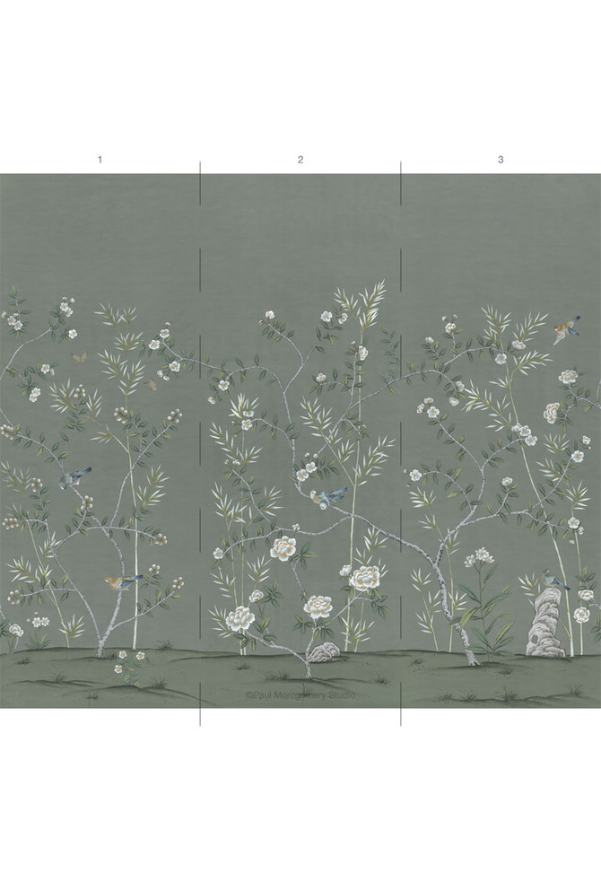 Richwood Green Triptych, printed mural wallpaper by Paul Montgomery. Panel layout.