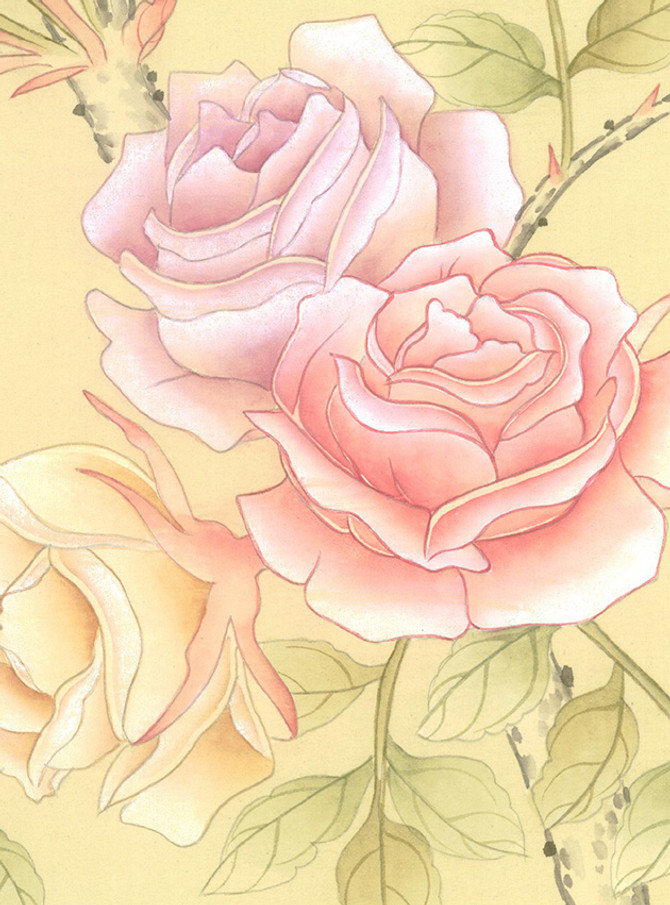 Roses Yellow, printed mural wallpaper by Paul Montgomery. Up-close detail shot.