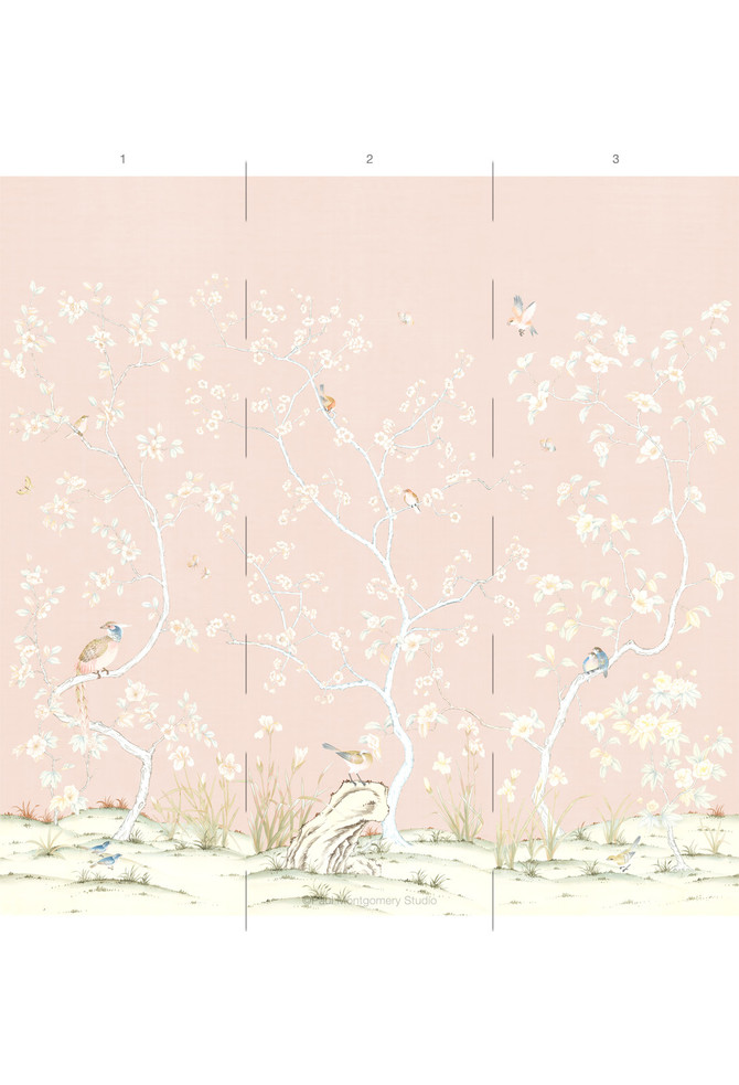 Spring Meadow, printed mural wallpaper by Ariel Okin for Paul Montgomery. Pointe panel layout.