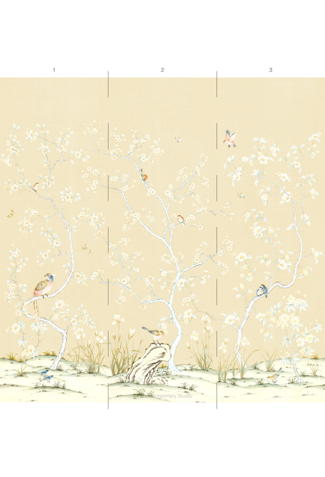 Spring Meadow, printed mural wallpaper by Ariel Okin for Paul Montgomery. Wheat panel layout.