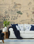 Country Life, printed mural wallpaper by Paul Montgomery. Beige chinoiserie in room.