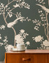 Birds of Flight, printed mural wallpaper by Paul Montgomery. Pine chinoiserie in room.