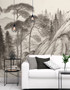 Japanese Landscape, printed mural wallpaper by Paul Montgomery. Black & White panoramic in room.