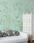 Jinan Aqua, printed mural wallpaper by Paul Montgomery. Aqua chinoiserie in room.