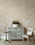 Maysong Pearl, printed mural wallpaper by Paul Montgomery. Beige chinoiserie in room.