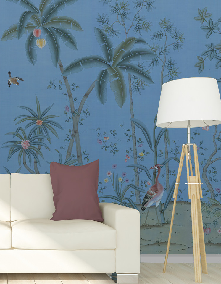 Trevarez Blue, printed mural wallpaper by Paul Montgomery. Blue chinoiserie in room. Trevarez Blue, printed mural wallpaper by Paul Montgomery. Blue chinoiserie in room.