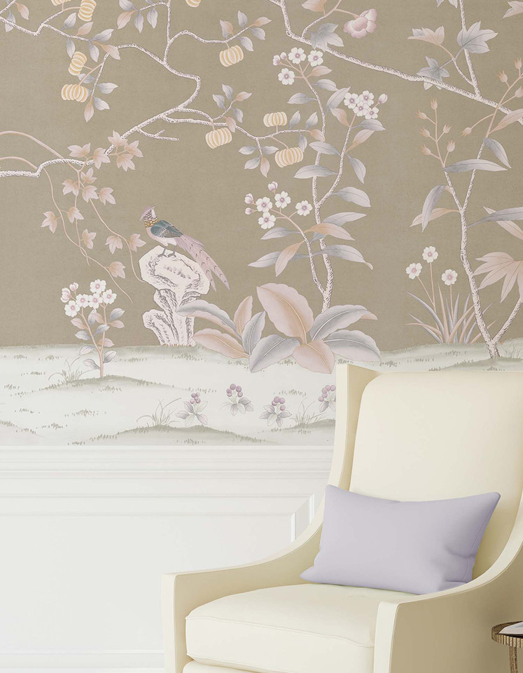 Climbing Blossom, printed mural wallpaper by Ariel Okin for Paul Montgomery. Putty chinoiserie in room.