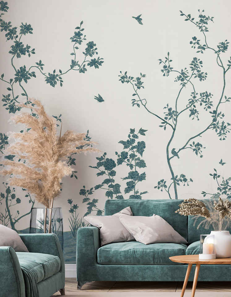 Chanteur White printed mural wallpaper by Paul Montgomery. Adriatic chinoiserie in room.