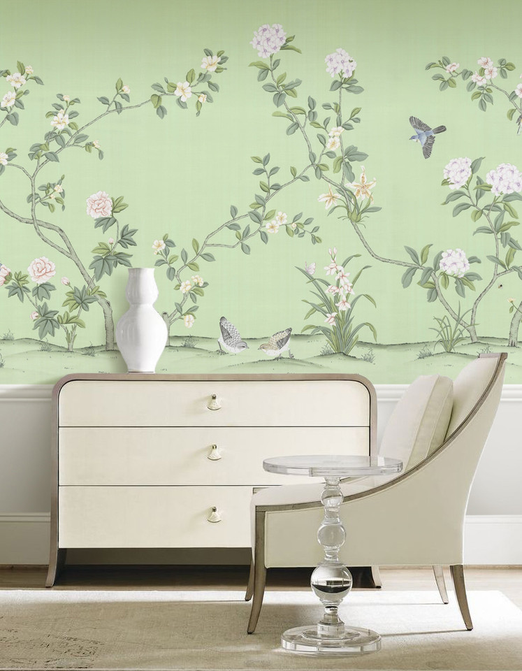 Chanteur Spring, printed mural wallpaper by Paul Montgomery. Spring chinoiserie in room. Chanteur Spring, printed mural wallpaper by Paul Montgomery. Spring chinoiserie in room.