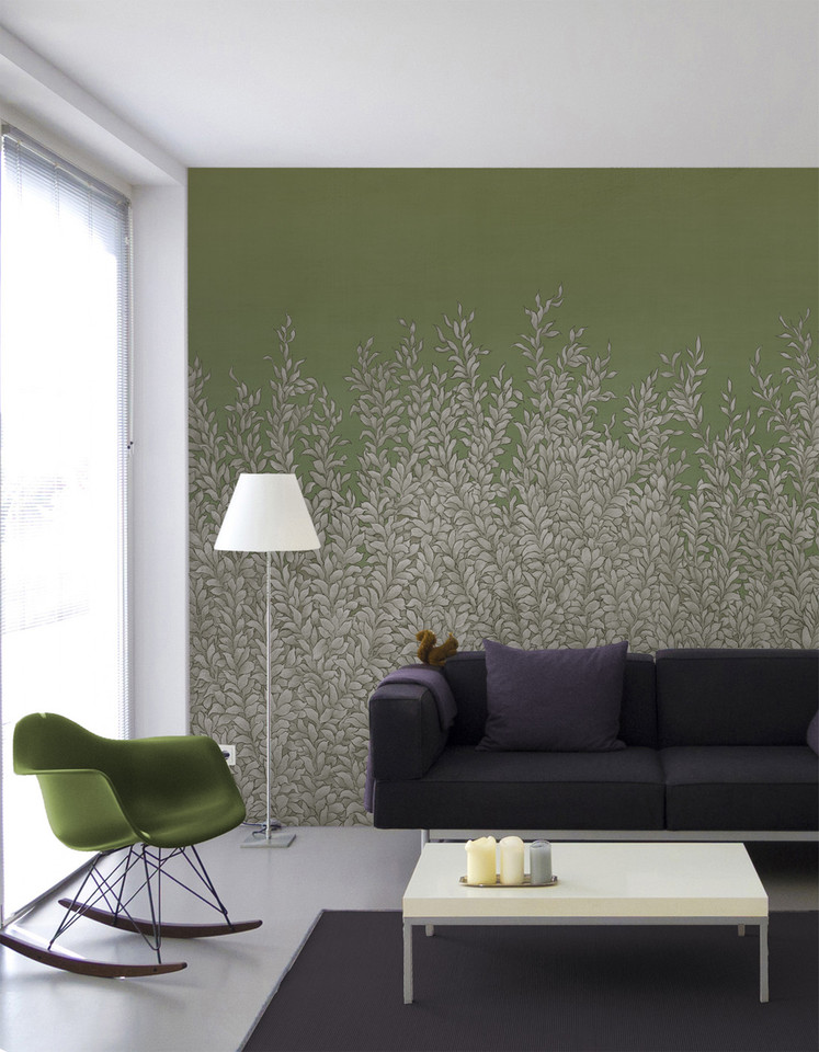Hedgerow, printed mural wallpaper by Paul Montgomery. Light Green chinoiserie in room.