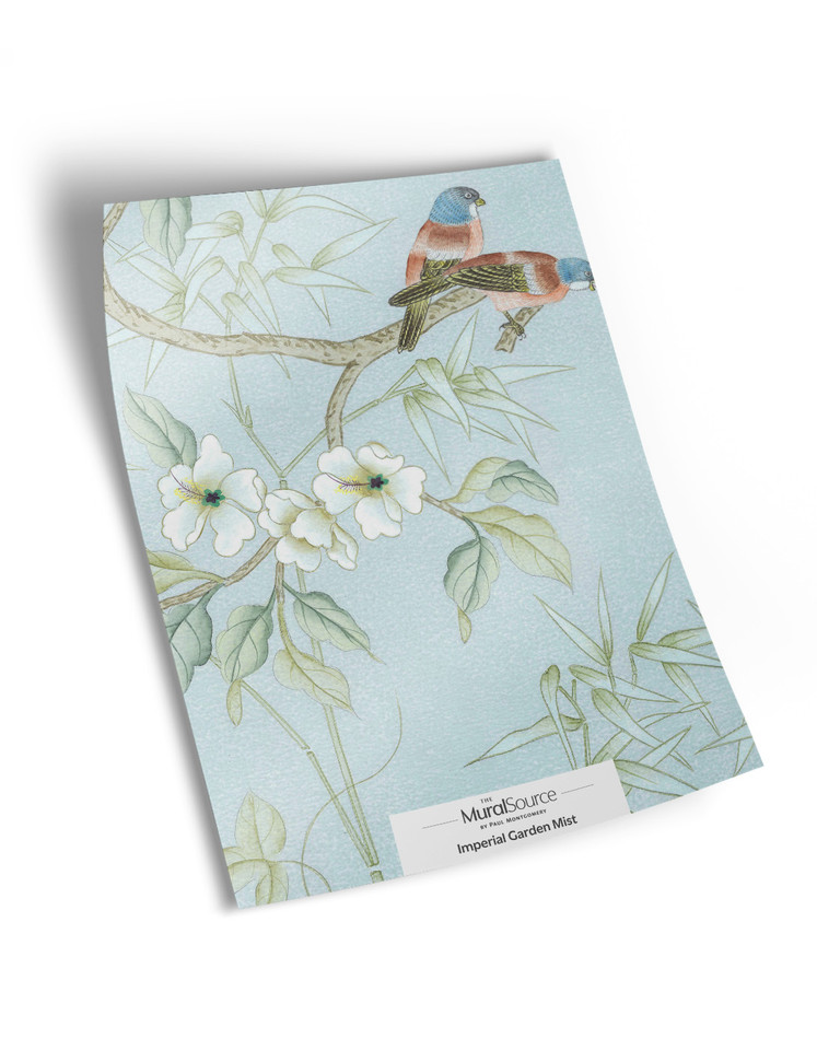 10" x 13" sample of Imperial Garden Mist; mist blue chinoiserie