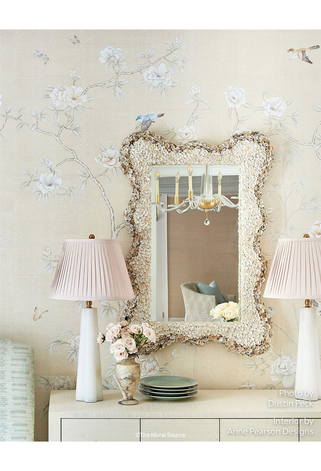 Imperial Garden Beige, printed mural wallpaper by Paul Montgomery. Beige chinoiserie in room.