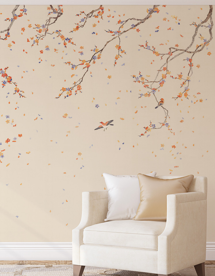 Margaux, printed mural wallpaper by Paul Montgomery. Ivory Blush chinoiserie in room.