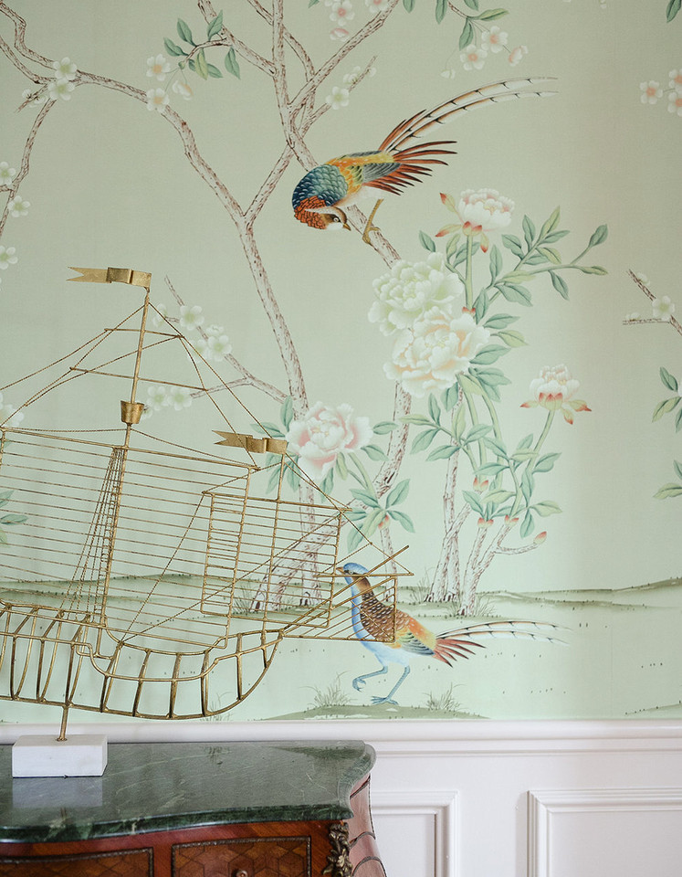 Maysong Green, printed mural wallpaper by Paul Montgomery. Green chinoiserie in room. Maysong Green, printed mural wallpaper by Paul Montgomery. Green chinoiserie in room.