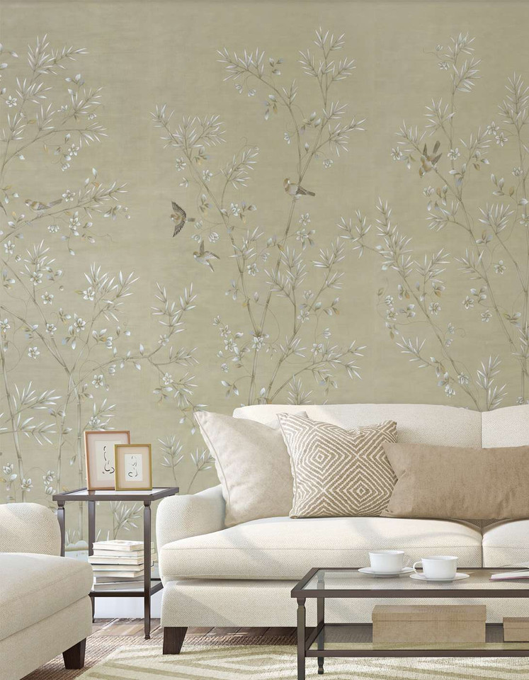 Morning Garden Beige, printed mural wallpaper by Paul Montgomery. Beige chinoiserie in room.