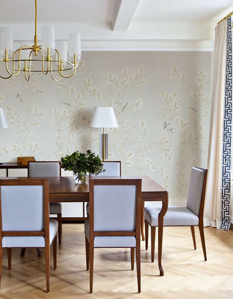 Morning Garden Mist, printed mural wallpaper by Paul Montgomery. Grey chinoiserie in room.