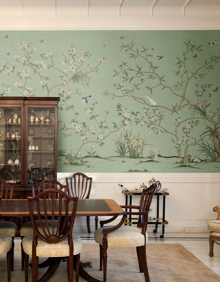 Palazzo Green, printed mural wallpaper by Paul Montgomery. Green chinoiserie in room.