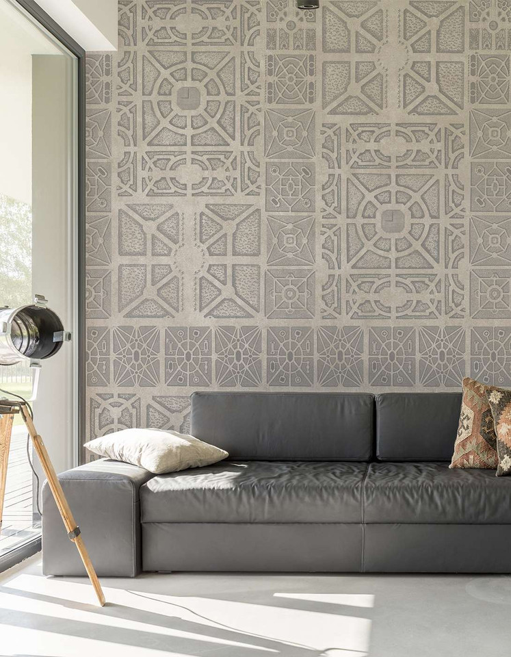 Parterre Promenade, printed mural wallpaper by Paul Montgomery. Sandstone mural wallpaper in room.
