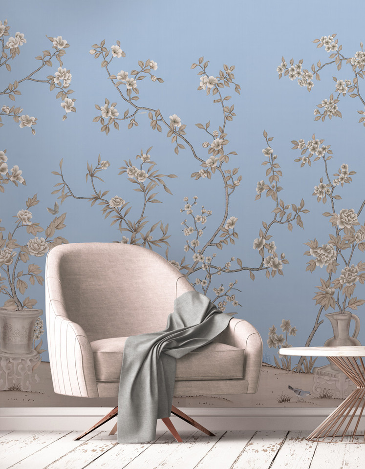 Porcelains, printed mural wallpaper by Paul Montgomery. Powder blue chinoiserie in room. Porcelains, printed mural wallpaper by Paul Montgomery. Powder blue chinoiserie in room.