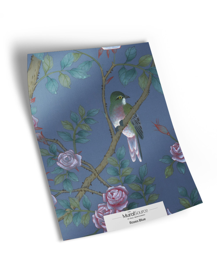 10" x 13" sample of Roses Blue; blue chinoiserie