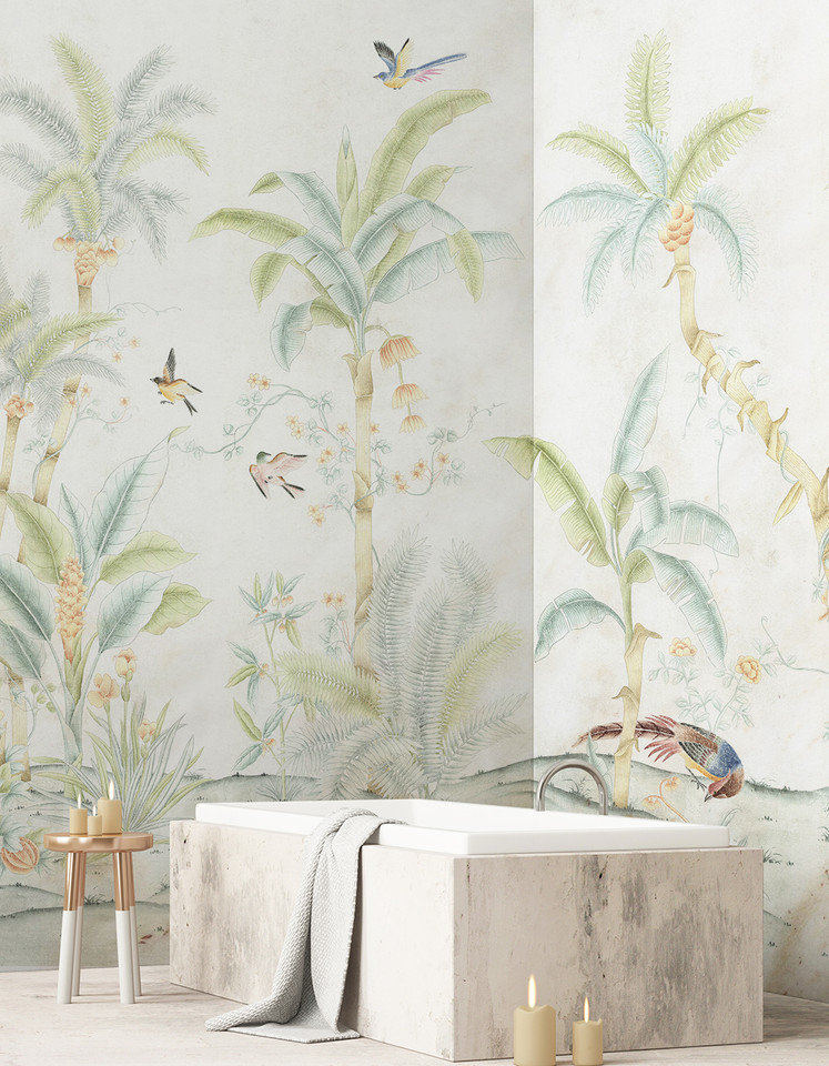 Trevarez Ivory, printed mural wallpaper by Paul Montgomery. White chinoiserie in room.