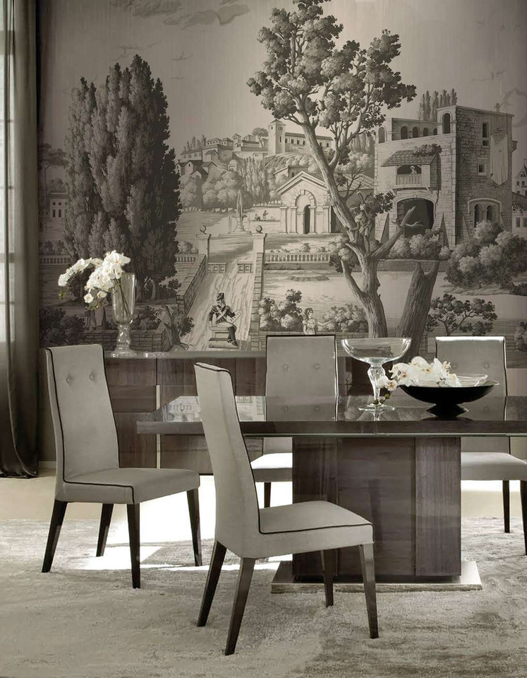 Tremezzo Steel, printed mural wallpaper by Paul Montgomery. Silver panoramic in room.