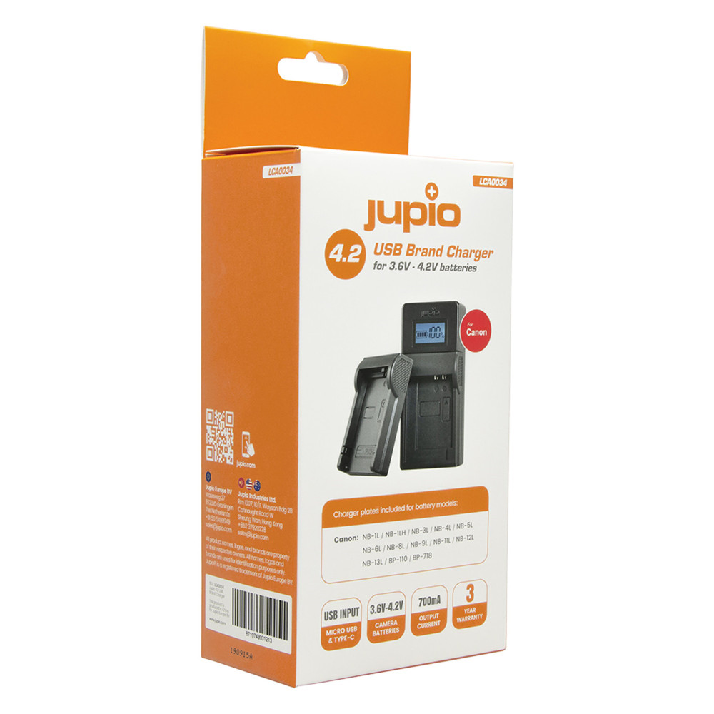 Jupio USB Brand Charger Kit for Canon 3.6V-4.2V batteries