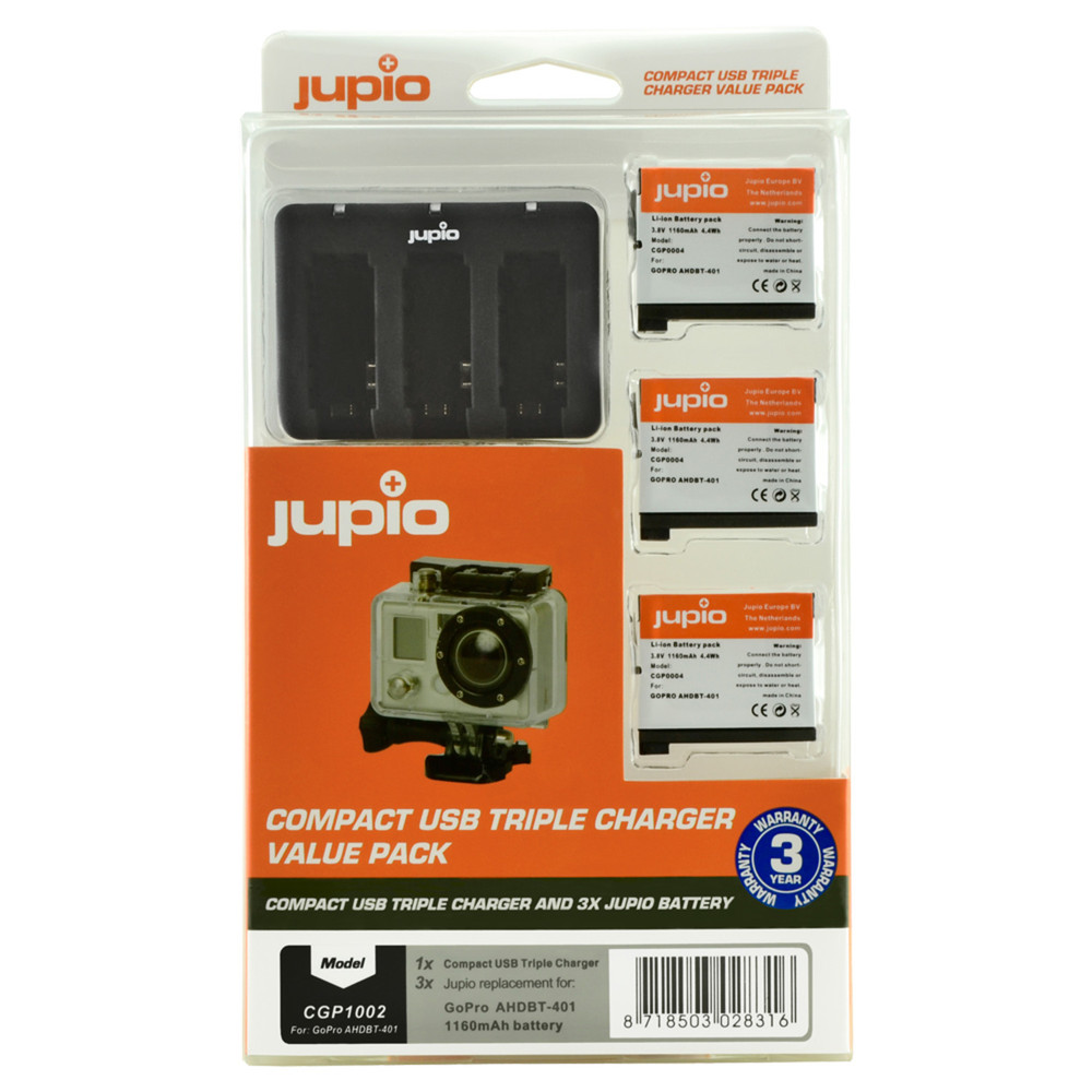 Jupio Value Pack: 3x Battery GoPro AHDBT-401 HERO4 1160mAh + Compact USB Triple Charger