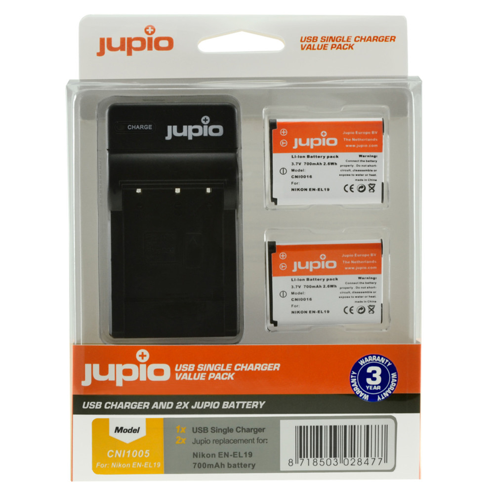 Jupio Value Pack: 2x Battery EN-EL19 + USB Single Charger for Nikon