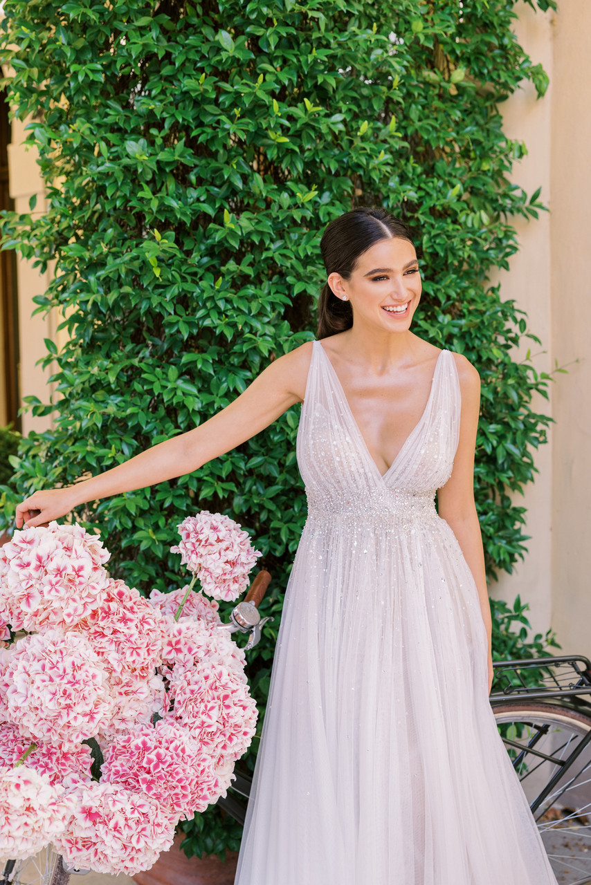 Watters Garance Off-Shoulder Satin Sheath Wedding Gown