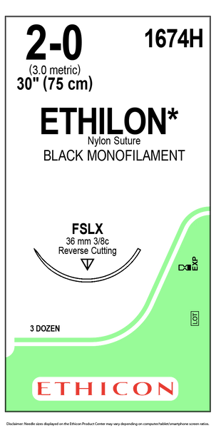 Ethicon 1674H ETHILON Nylon Suture, Reverse Cutting, Non-Absorbable, FSLX 40mm 3/8 Circle, Black Monofilament 30"/ 75cm, Size: 2-0, 36/Box