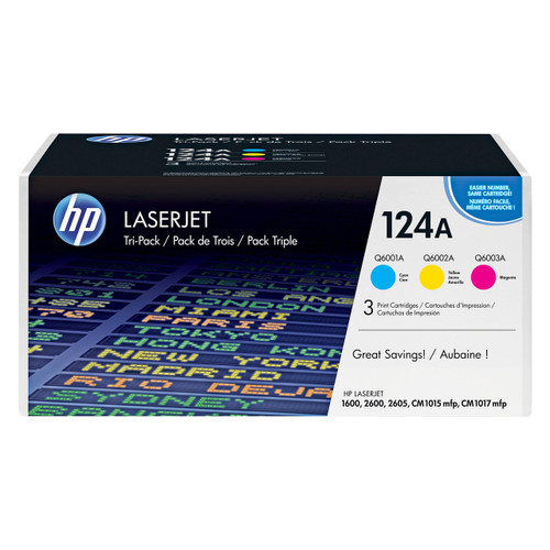 Original HP 124A CE257A Q6001A Q6002A Q6003A LaserJet Toner Cartridges Tri-Color 3-Pack Cyan Magenta Yellow