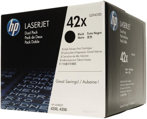 Original HP 42X 2-Pack Q5942XD Black High-Yield LaserJet Toner Cartridges Dual Pack Original HP 42X 2-Pack Q5942XD Black High-Yield LaserJet Toner Cartridges Dual Pack