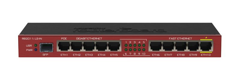 Desktop metal case, 5xEthernet, 5xGigabit Ethernet, SFP cage, PoE out on port 10, 600MHz CPU, 64MB RAM, RouterOS L4