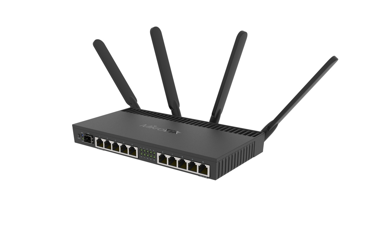 Powerful 10xGigabit port router with a Quad-core 1.4Ghz CPU, 1GB RAM, SFP+ 10Gbps cage, dual band 2.4GHz / 5GHz 4x4 MIMO 802.11a/b/g/n/ac wireless and desktop case