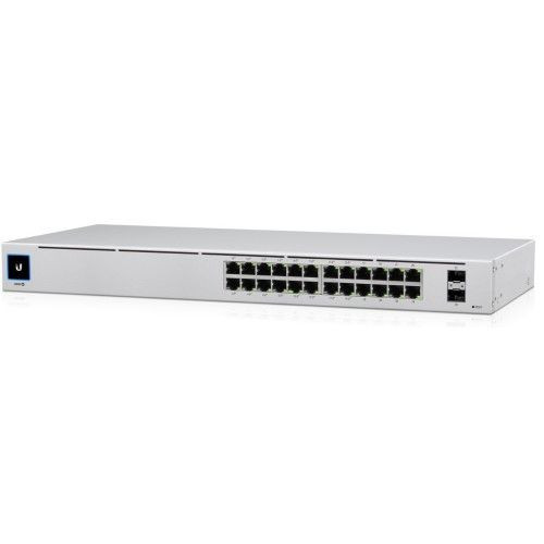 The USW-24-POE is a configurable Gigabit Layer 2 switch with twenty-four Gigabit Ethernet ports including sixteen auto-sensing 802.3at PoE+ ports, and two SFP ports.